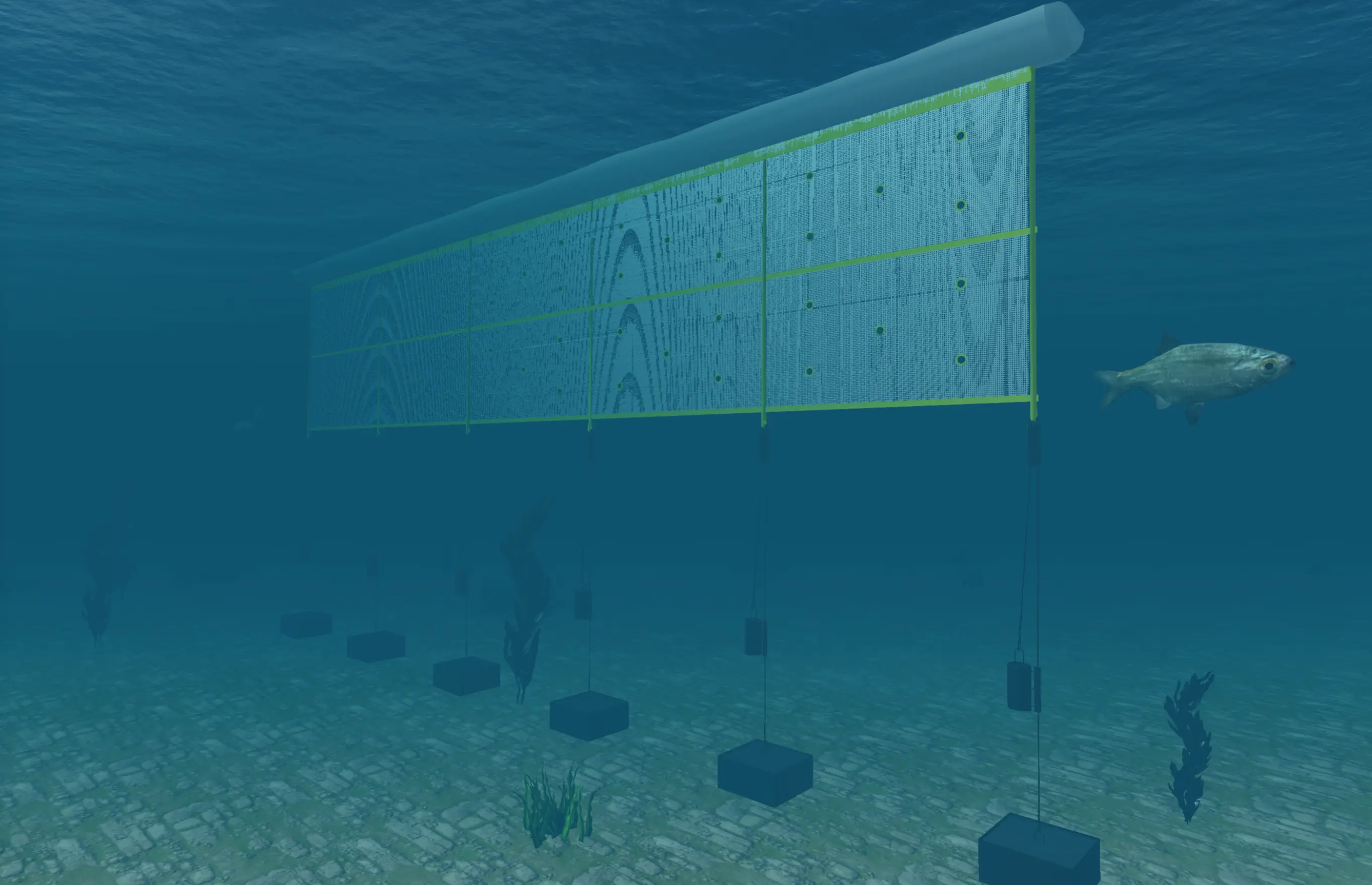 Wavebreaker coastal protection system rendered in an interactive ocean environment
