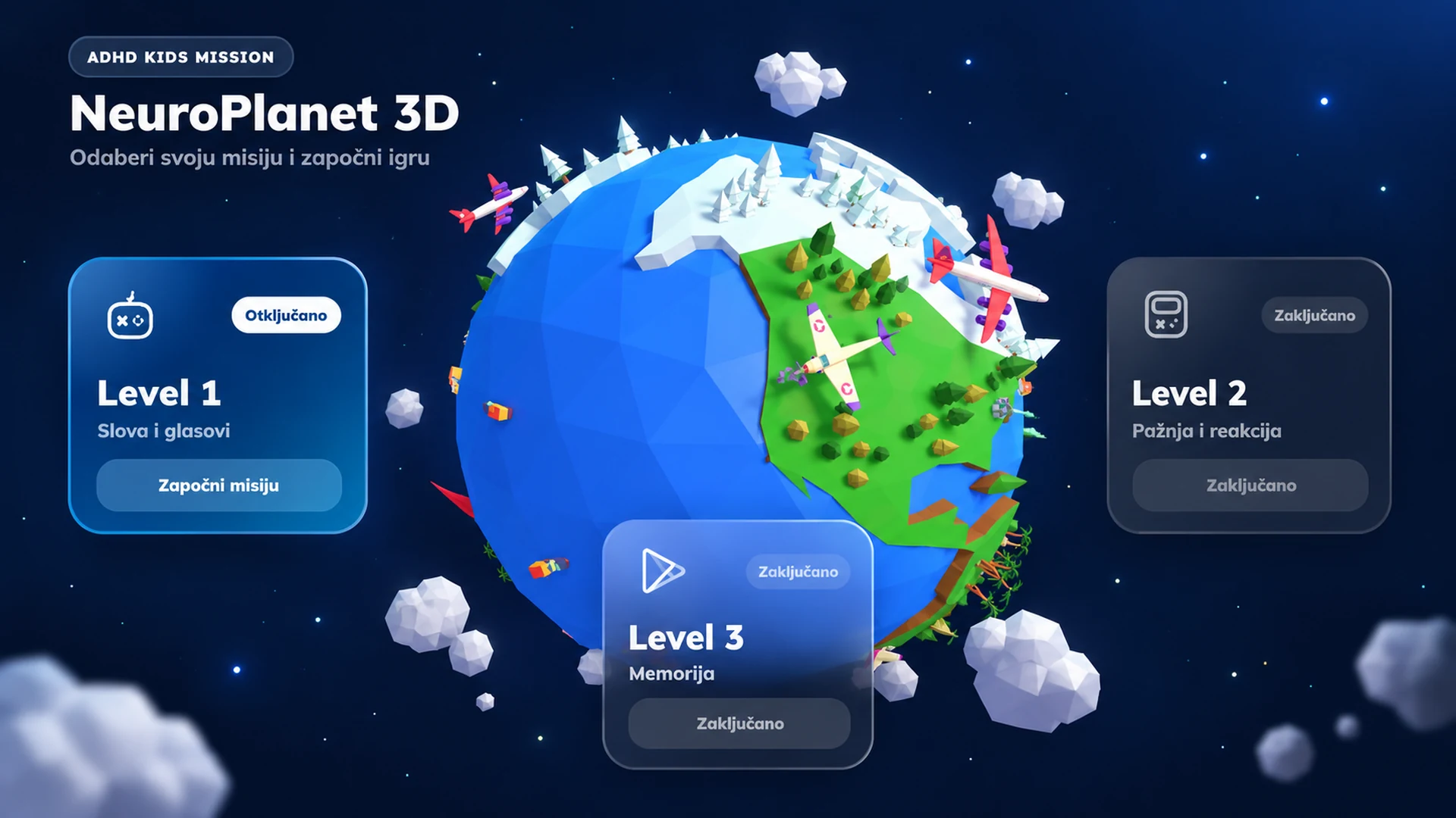NeuroPlanet 3D educational game mission selection interface